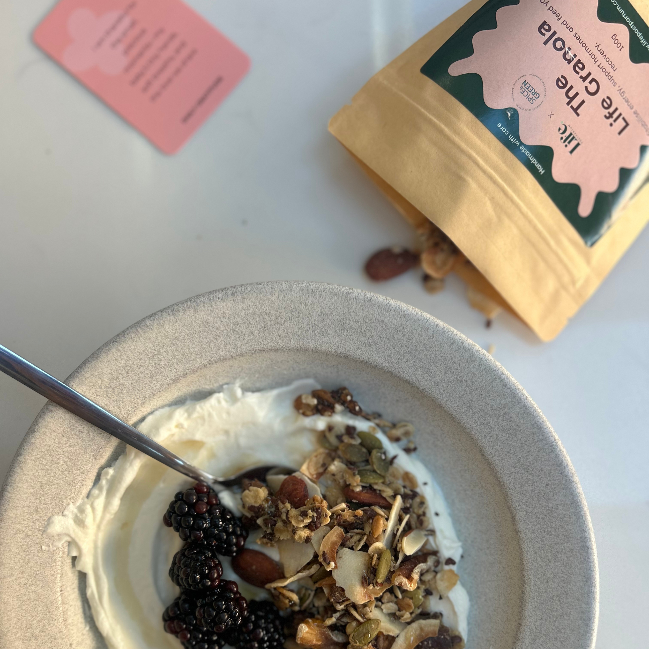 Life Granola in a bowl with packet nearby